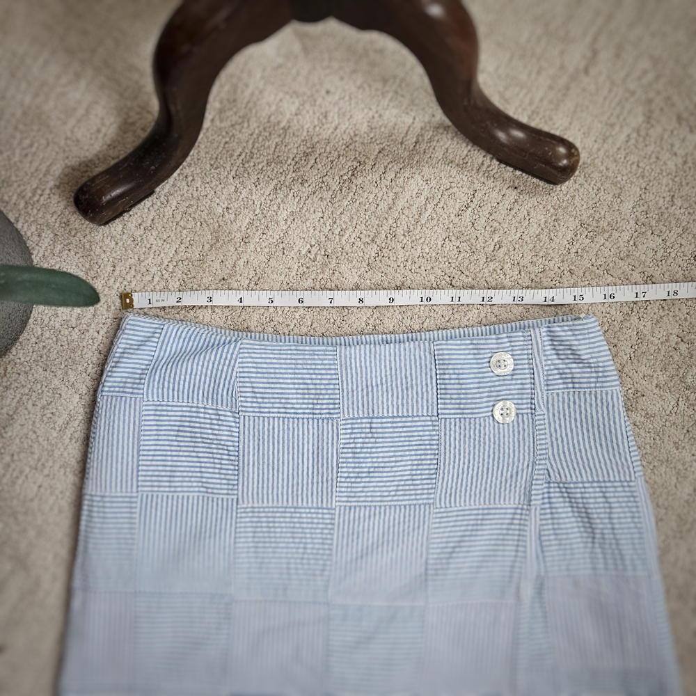 Striped Patchwork Light Blue Pencil Skirt Skort with Button Detail - Picture 9 of 10